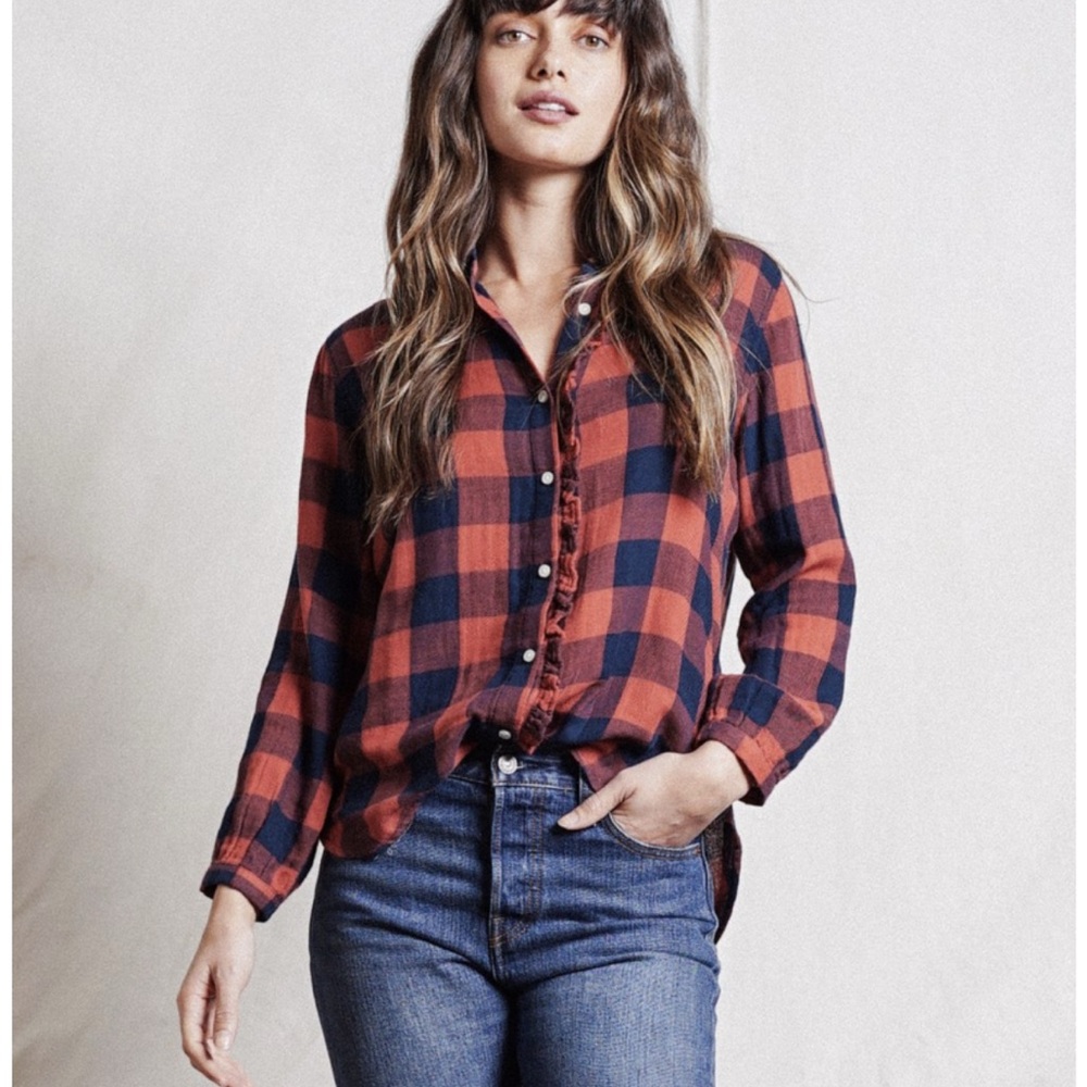 ANTHROPOLOGIE Trovata Plaid Button Down Shirt in Blue and Orange